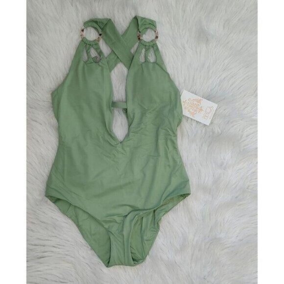 BECCA by Rebecca Virtue One-Piece Swimsuit S Plunge Sage Green NEW - Picture 4 of 12